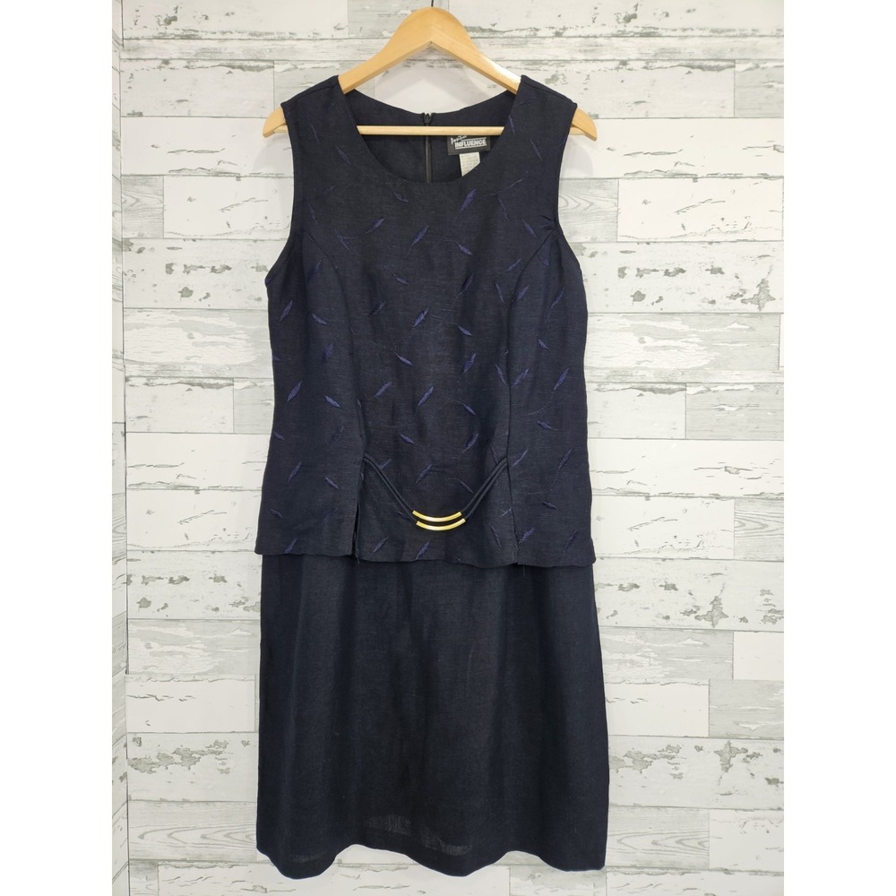 Vintage Influence Women 16 Linen Blend Navy Blue Sheath Dress Embroidered